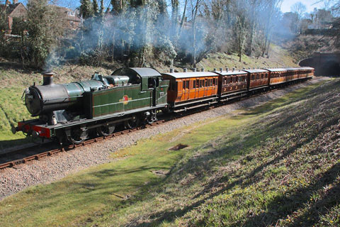 In this Steve Lee photo, 5643 passes the long-closed West Hoathly station with the vintage set on 16th March 2014