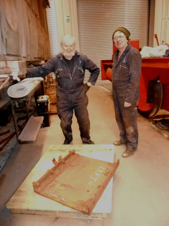Alan and Ade with one of Caliban's rear tank support brackets